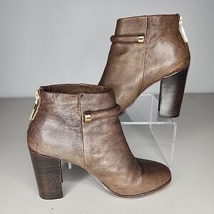 Anthropologie Aerin Fuller Brown Leather Block Heel Boot Zip Up Womens Size 9